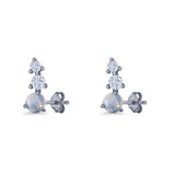 Three Stone Lab Created Opal 8.2mm Tapered CZ Stud Earring 925 Sterling Silver