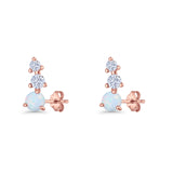 Three Stone Lab Created Opal 8.2mm Tapered CZ Stud Earring 925 Sterling Silver