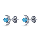 Moon Stud Earring 7mm Round Lab Created Opal & Clear CZ 925 Sterling Silver