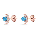 Moon Stud Earring 7mm Round Lab Created Opal & Clear CZ 925 Sterling Silver