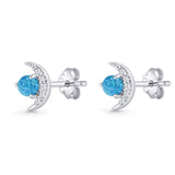 Moon Stud Earring 7mm Round Lab Created Opal & Clear CZ 925 Sterling Silver
