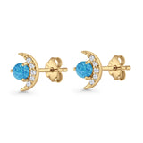 Moon Stud Earring 7mm Round Lab Created Opal & Clear CZ 925 Sterling Silver