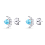 Moon Stud Earring 7mm Round Lab Created Opal & Clear CZ 925 Sterling Silver