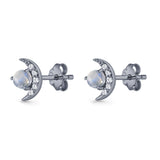 Moon Stud Earring 7mm Round Lab Created Opal & Clear CZ 925 Sterling Silver