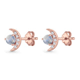 Moon Stud Earring 7mm Round Lab Created Opal & Clear CZ 925 Sterling Silver
