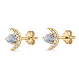 Moon Stud Earring 7mm Round Lab Created Opal & Clear CZ 925 Sterling Silver