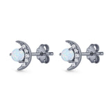 Moon Stud Earring 7mm Round Lab Created Opal & Clear CZ 925 Sterling Silver