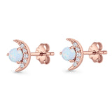 Moon Stud Earring 7mm Round Lab Created Opal & Clear CZ 925 Sterling Silver