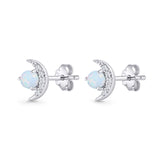 Moon Stud Earring 7mm Round Lab Created Opal & Clear CZ 925 Sterling Silver