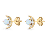 Moon Stud Earring 7mm Round Lab Created Opal & Clear CZ 925 Sterling Silver