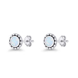 Round Beaded 7.2mm Lab Created Opal Stud Earring Oxidized 925 Sterling Silver