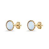 Round Lab Created Opal Stud Earring Oxidized 925 Sterling Silver