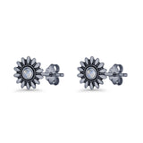Sunflower Stud Earring 8.6mm Lab Created Opal Oxidized 925 Sterling Silver