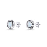 Sunflower Stud Earring 8.8mm Lab Created Opal Oxidized 925 Sterling Silver