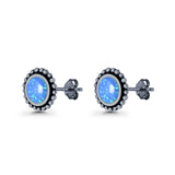 Round Lab Created Opal Beaded Oxidized Stud Earring 925 Sterling Silver