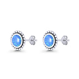 Round Lab Created Opal Beaded Oxidized Stud Earring 925 Sterling Silver