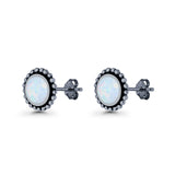 Round Lab Created Opal Beaded Oxidized Stud Earring 925 Sterling Silver
