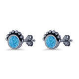 Round Solitaire Lab Created Opal Oxidized Stud Earring Beaded Design 925 Sterling Silver