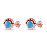 Round Solitaire Lab Created Opal Oxidized Stud Earring Beaded Design 925 Sterling Silver