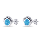 Round Solitaire Lab Created Opal Oxidized Stud Earring Beaded Design 925 Sterling Silver