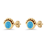 Round Solitaire Lab Created Opal Oxidized Stud Earring Beaded Design 925 Sterling Silver