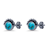 Round Solitaire Lab Created Opal Oxidized Stud Earring Beaded Design 925 Sterling Silver
