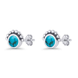 Round Solitaire Lab Created Opal Oxidized Stud Earring Beaded Design 925 Sterling Silver