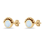 Round Solitaire Lab Created Opal Oxidized Stud Earring Beaded Design 925 Sterling Silver