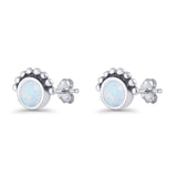 Round Solitaire Lab Created Opal Oxidized Stud Earring Beaded Design 925 Sterling Silver