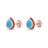 Pear Teardrop Twisted Rope Lab Created Opal Stud Earring Oxidized 925 Sterling Silver