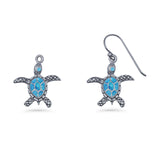 Turtle Dangle Drop 17.3mm Fishhook Earring Lab Created Blue Opal 925 Sterling Silver