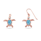 Turtle Dangle Drop 17.3mm Fishhook Earring Lab Created Blue Opal 925 Sterling Silver