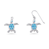 Turtle Dangle Drop 17.3mm Fishhook Earring Lab Created Blue Opal 925 Sterling Silver