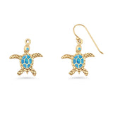 Turtle Dangle Drop 17.3mm Fishhook Earring Lab Created Blue Opal 925 Sterling Silver