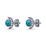 Minimalist 10.4mm Crescent Moon Stud Earrings Turquoise & Cubic Zirconia 925 Sterling Silver