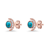 Minimalist 10.4mm Crescent Moon Stud Earrings Turquoise & Cubic Zirconia 925 Sterling Silver