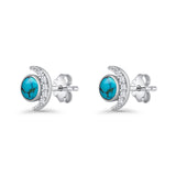 Minimalist 10.4mm Crescent Moon Stud Earrings Turquoise & Cubic Zirconia 925 Sterling Silver