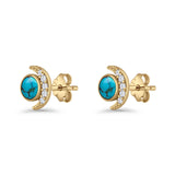 Minimalist 10.4mm Crescent Moon Stud Earrings Turquoise & Cubic Zirconia 925 Sterling Silver