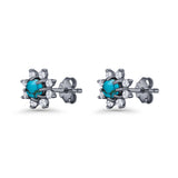 Minimalist 8.2mm Floral Stud Earrings Turquoise & Cubic Zirconia 925 Sterling Silver