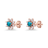 Minimalist 8.2mm Floral Stud Earrings Turquoise & Cubic Zirconia 925 Sterling Silver