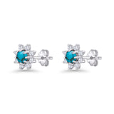 Minimalist 8.2mm Floral Stud Earrings Turquoise & Cubic Zirconia 925 Sterling Silver