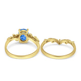 Two Piece Oval Blue Topaz CZ Leaf Style Chevron Rings 925 Sterling Silver