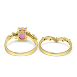 Two Piece Oval Lab Created Pink Opal Leaf Style Chevron Rings 925 Sterling Silver