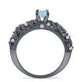 Art Deco 6.2mm Round Aquamarine CZ Beaded Filigree Ring 925 Sterling Silver