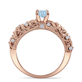 Art Deco 6.2mm Round Aquamarine CZ Beaded Filigree Ring 925 Sterling Silver