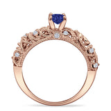 Art Deco 6.2mm Round Blue Sapphire CZ Beaded Filigree Ring 925 Sterling Silver