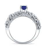Art Deco 6.2mm Round Blue Sapphire CZ Beaded Filigree Ring 925 Sterling Silver