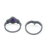 Oval Natural Stone Wedding Set Chevron Ring