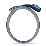 Round 10mm Lab Created Blue Opal Twisted Rope Feather Ring Oxidized 925 Sterling Silver