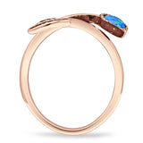 Round 10mm Lab Created Blue Opal Twisted Rope Feather Ring Oxidized 925 Sterling Silver